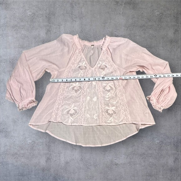 Free People Pink Embroidered Cotton Gauze V Neck Peasant Blouse Women's L - Picture 8 of 15